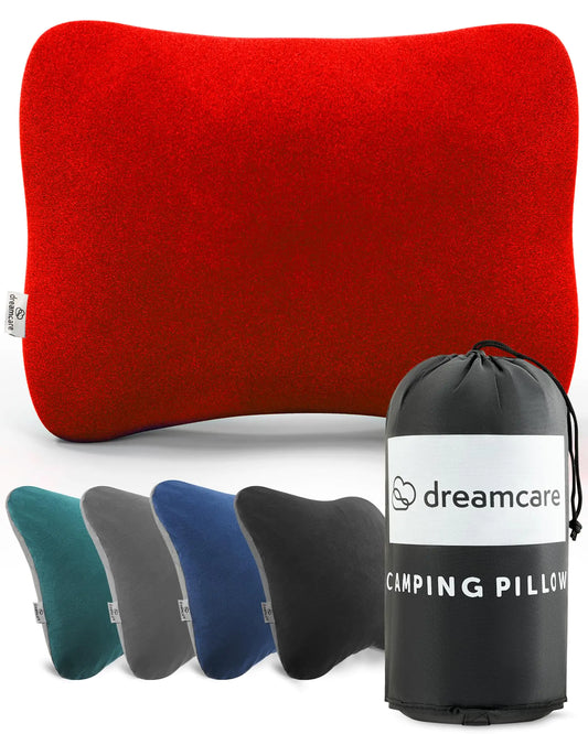DREAMCARE Camping Pillow Memory Foam Travel Pillow Camping Accessories - Small Pillow Camping Essentials Camping Pillows for Sleeping Backpacking Pillow Travel Pillows for Sleeping (Medium Red)