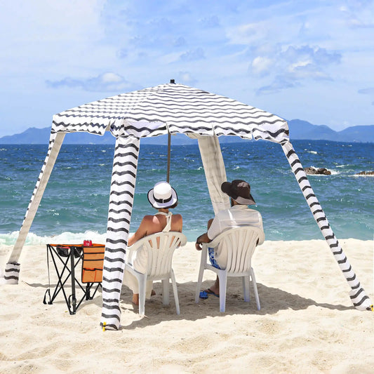 Beach Cabana with Foldable Camping Table - UPF 100+ UV Protection Beach Tent Easy to Set Up 6 x 6 Canopy with Attachable Wall Waterproof Fabric Portable Shelter for Family & Friends (Black Wave)