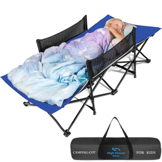 High Stream Gear Toddler Cot Bed: Kids Travel Camping Bed a Portable Folding Cot for Kids Great for Outdoors and Young Guests at Home. Comfortable Kids Sleeping Cot Easy to Store and Use (Blue)