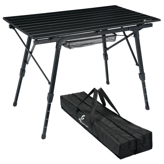 Sportneer Camping Tables That Fold Up Lightweight Adjustable Height Aluminum Folding Table with Top Mesh Layer Roll Up Camping Table for Outdoor Camp Picnic Beach RV Backyards Kitchen BBQ
